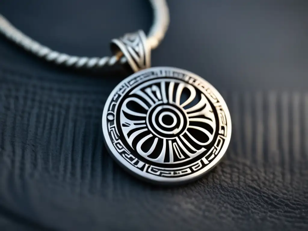 Amuleto vikingo de plata con símbolos y diseño circular, destacando el Vegvísir, símbolo vikingo de la brújula (Campo_por_completar)