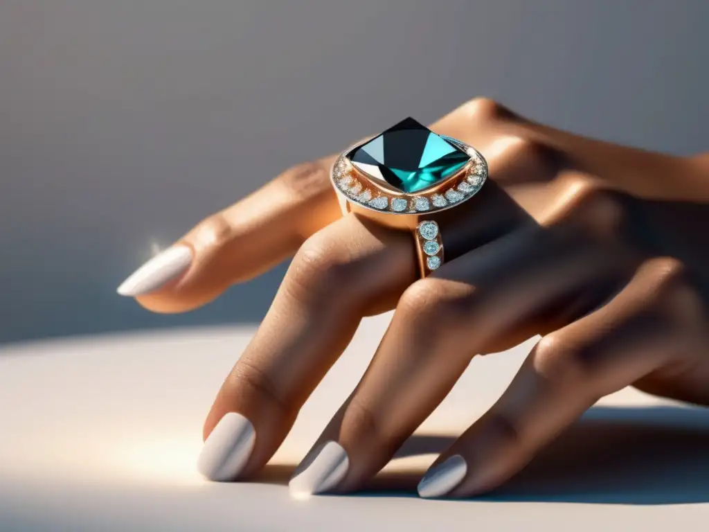 Joyería con realidad aumentada: mano con anillo elegante, diseño intrincado y gemas brillantes