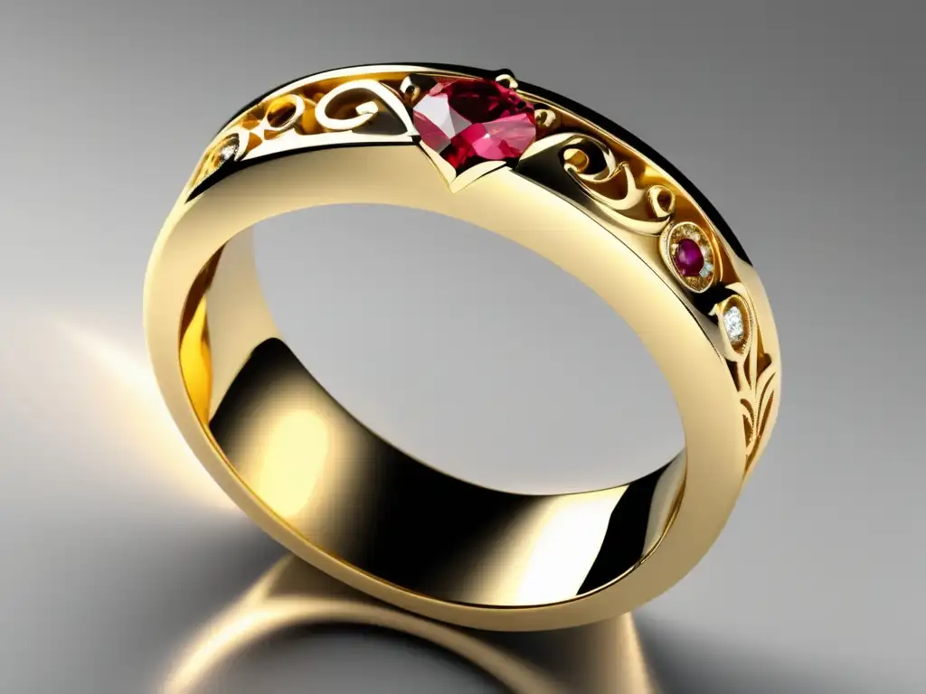 Joyería nupcial en la historia: anillo de boda elegante en oro brillante, con detalles y gemas, sobre superficie blanca