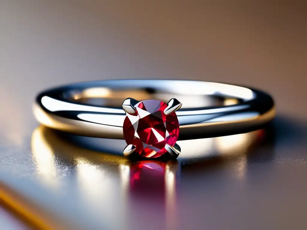 Historia de los rubíes en la joyería: Un rubí rojo intenso en anillo de oro blanco, elegante y moderno