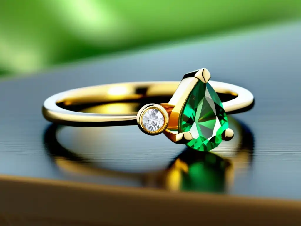 Tendencia joyería gemas naturales: Anillo dorado con esmeralda verde en forma de pera, elegante y sofisticado