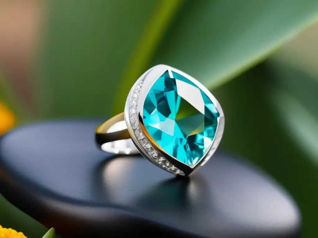 Joyería contemporánea en Puerto Rico: anillo de diseño orgánico inspirado en flores tropicales, plata pulida y turquesa vibrante