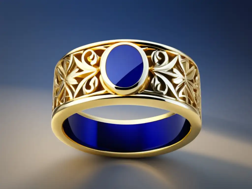 Anillo de oro sumerio con detalles intrincados y piedra preciosa ovalada Joyería de metales preciosos en Sumeria: anillo oro con lapislázuli y símbolos tallados