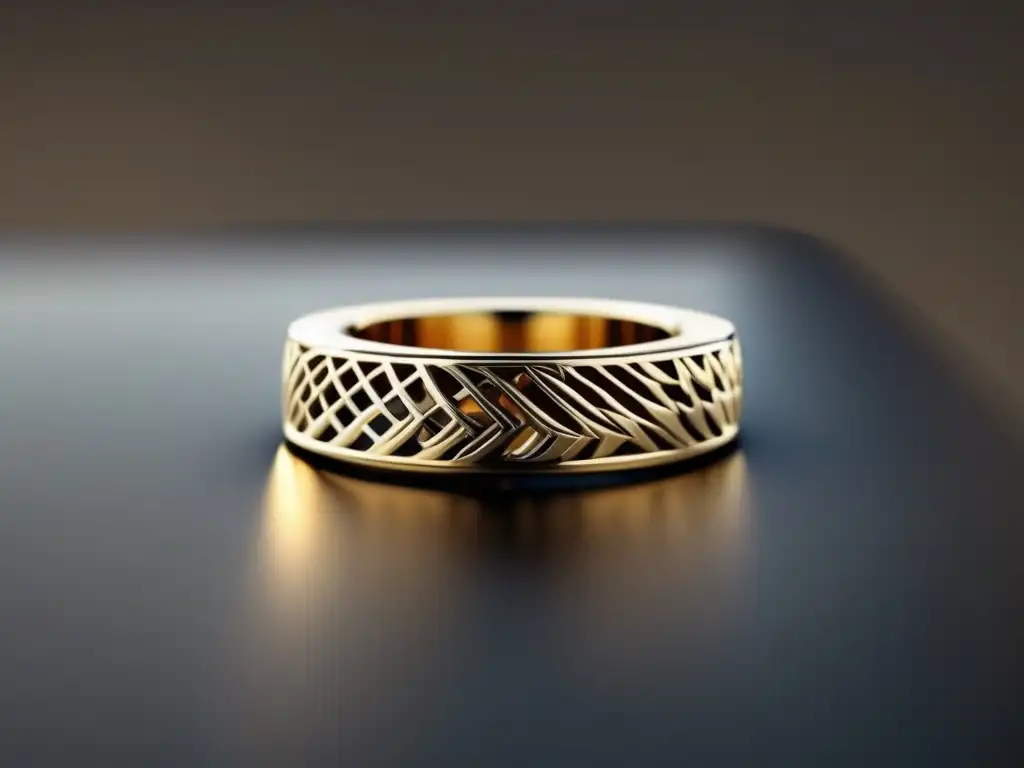 Tendencias diseño joyas contemporáneas: Anillo moderno en 8k con patrones geométricos y acabado pulido, creado con tecnología de impresión 3D