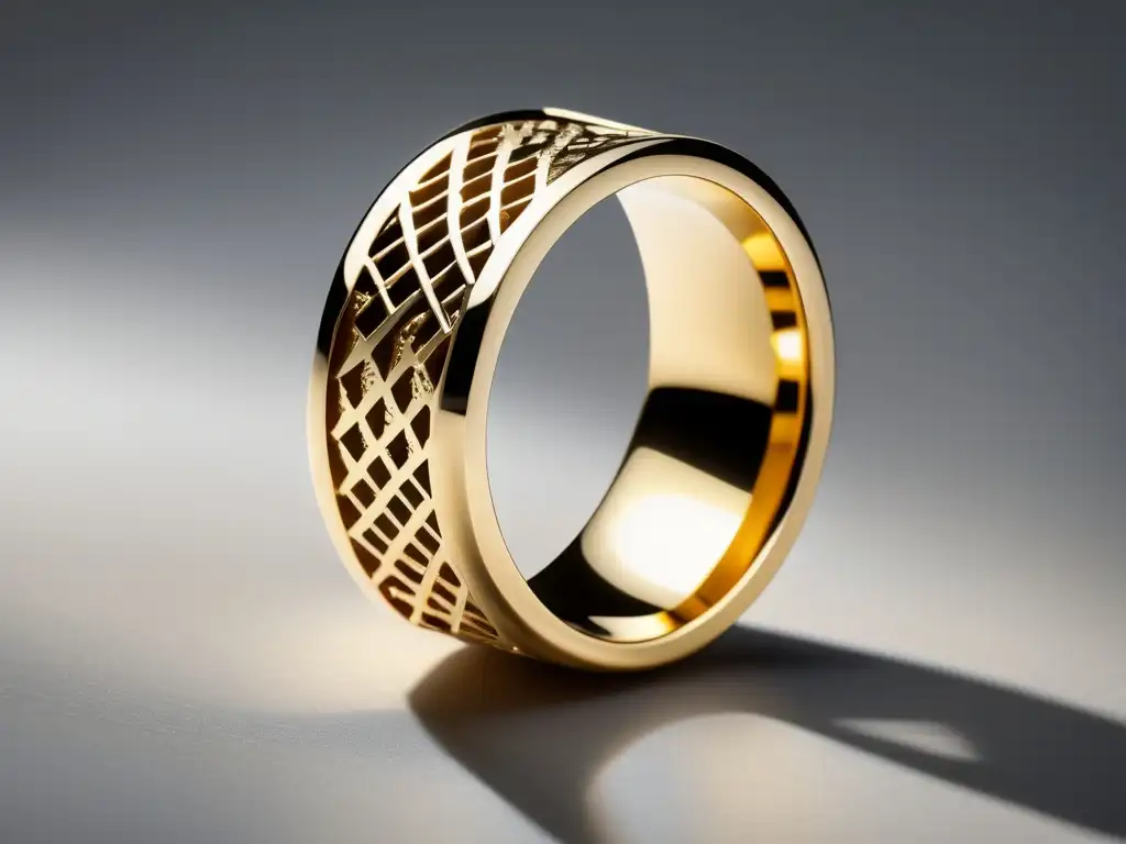 Tendencias futuras en joyería con metales: Anillo dorado moderno con patrones geométricos grabados, diseño minimalista