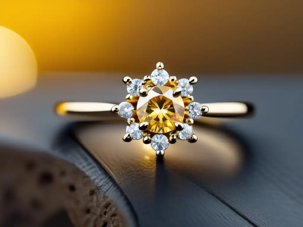 Joyería inspirada en planetas: anillo minimalista de oro con diamante amarillo y halo de diamantes, capturando la esencia del Sol