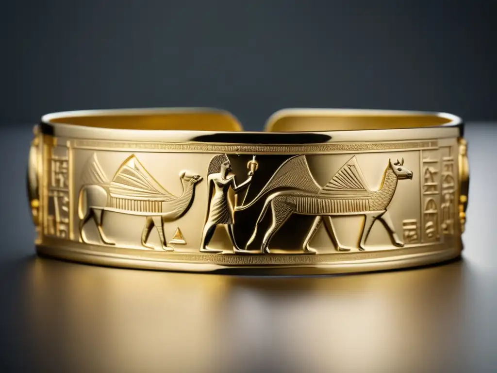 Historia joyería antiguo Egipto: Brazalete dorado egipcio con detallados grabados hieroglíficos y símbolos de deidades egipcias