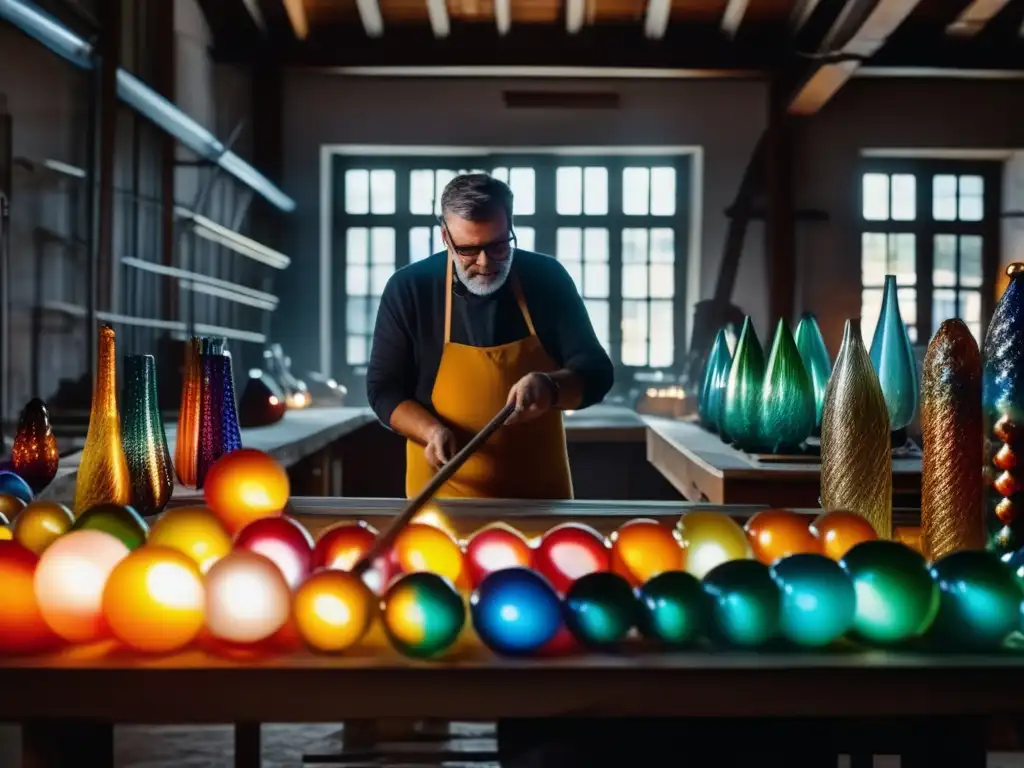 Glassblower creando una obra de arte en Murano, Italia - Historia y evolución de la joyería con cristal de Murano