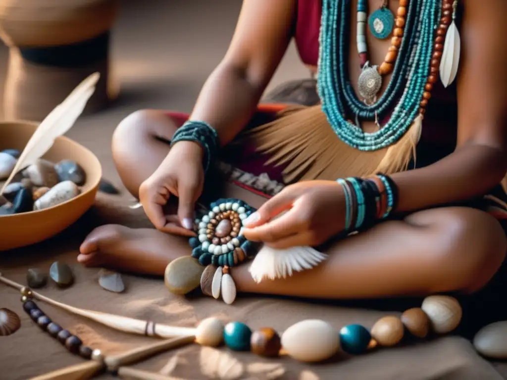 Joyería indígena en América: artesano nativo crea joyas con materiales naturales, honrando la tradición y la expresión artística ancestral