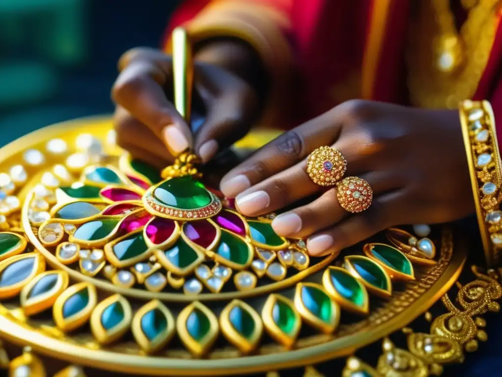 Técnicas de fabricación de joyas asiáticas: Artesano experto crea meticulosamente pieza de Kundan con gemas y oro, resaltando su elegancia