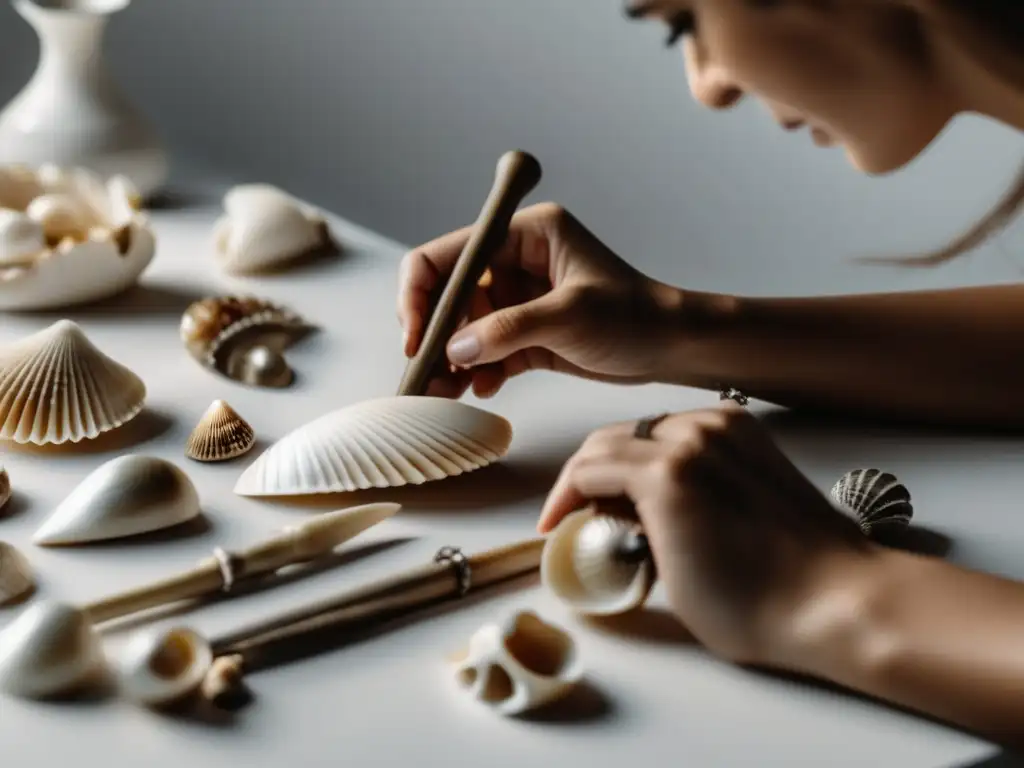 Historia de joyería con conchas y huesos: artesano seleccionando y preparando delicadamente materiales naturales para crear piezas únicas