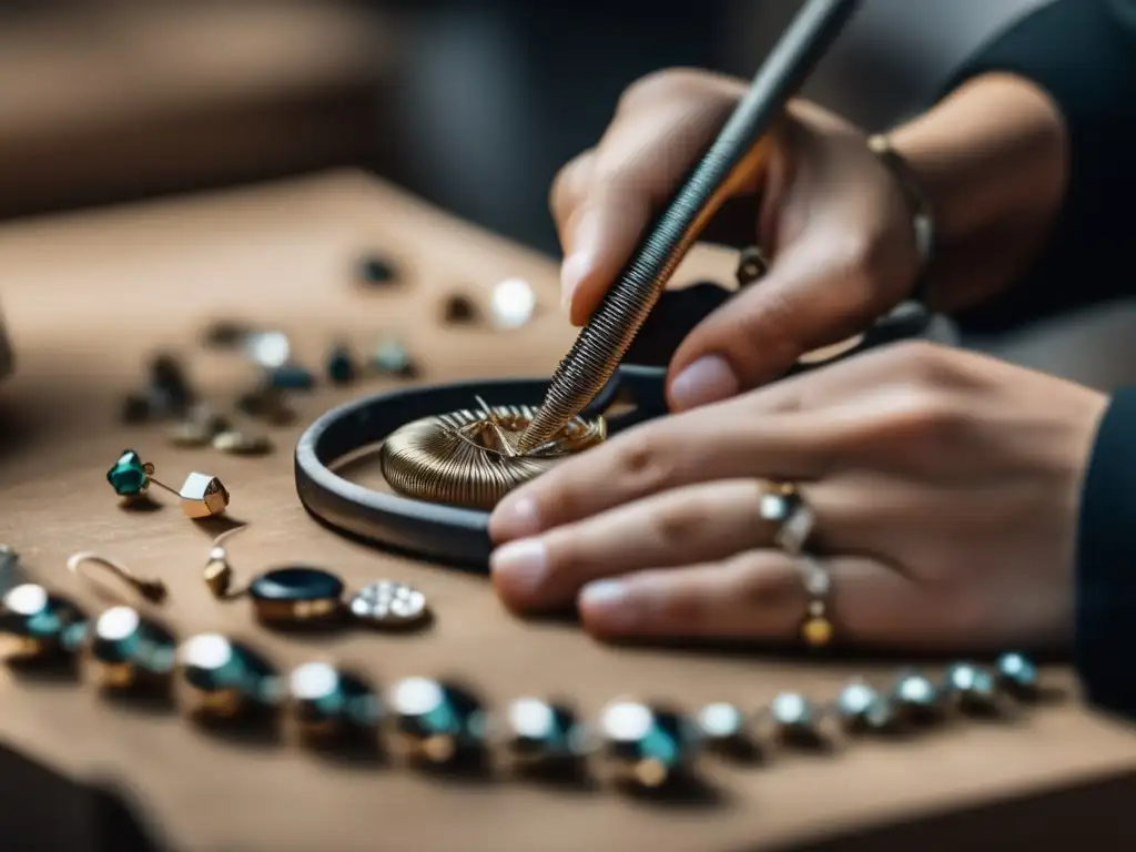 Innovación en joyería con materiales reciclados: habilidoso artesano crea joya sostenible con atención a detalles