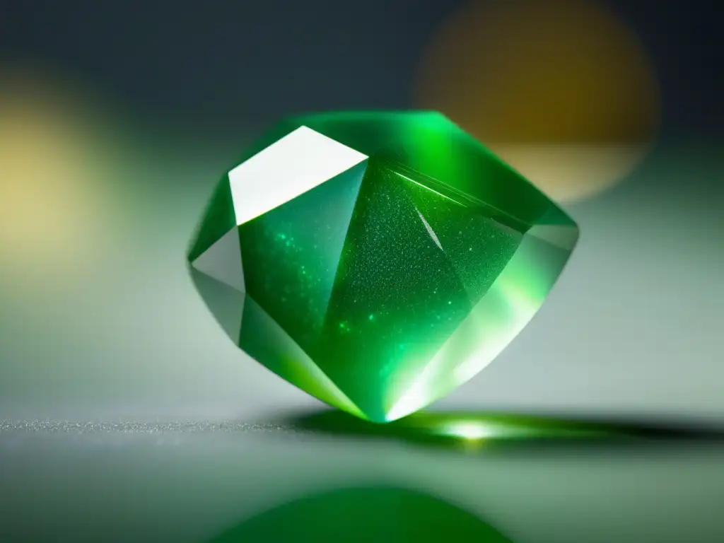 Historia y significado de las joyas de aventurina: Imagen de una impresionante piedra aventurina verde, con cortes precisos y detalles intrincados que resaltan su belleza