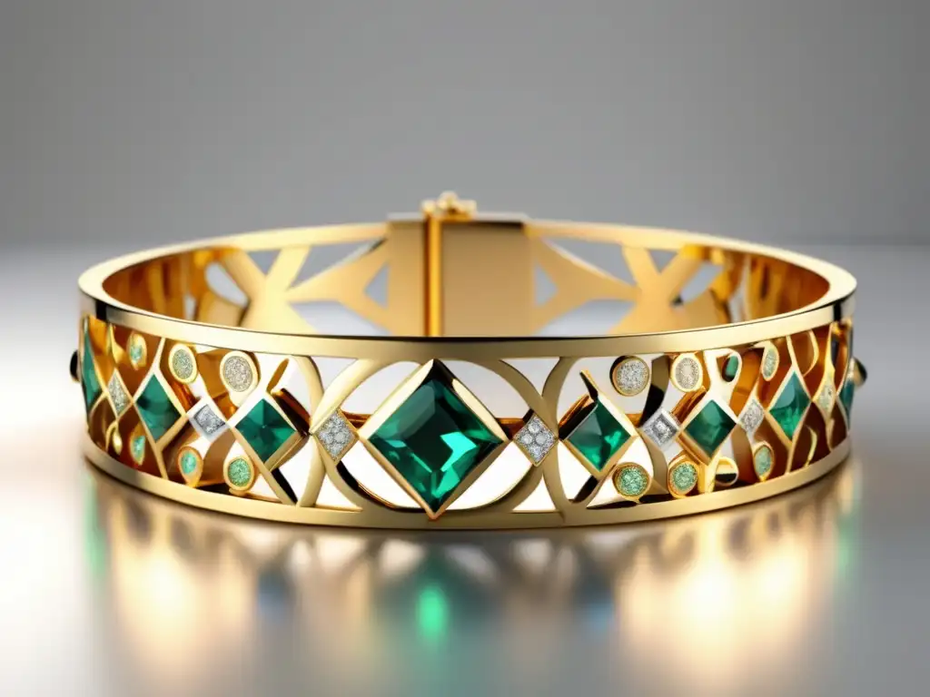 Innovaciones en joyería con realidad aumentada: Pulsera de oro elegante con patrones geométricos, rodeada de gemas virtuales brillantes