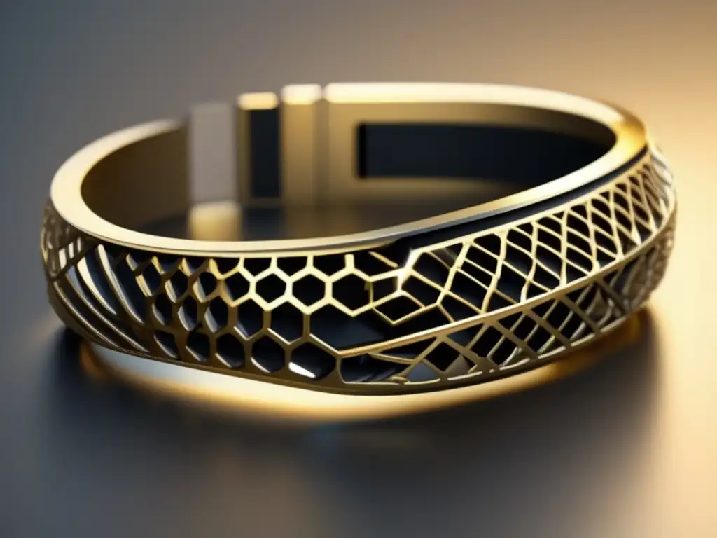 Tendencias joyería era digital: Pulsera moderna de alta definición en 8k con patrones geométricos y dispositivos inteligentes integrados