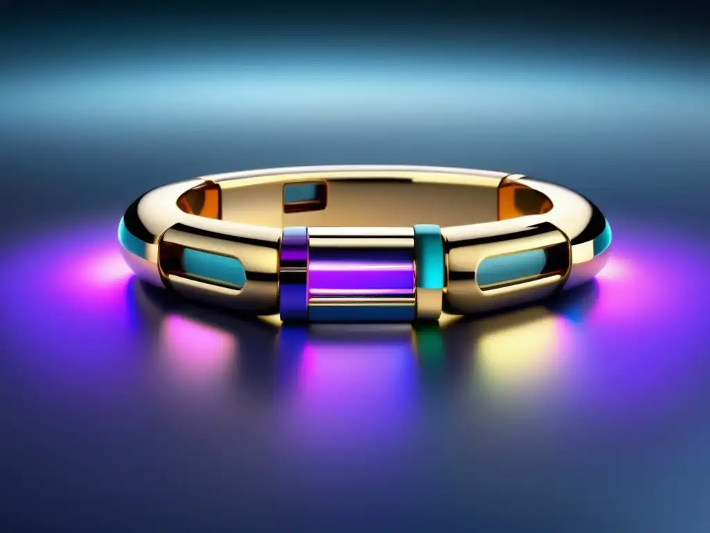 Tendencias futuras joyería moda: Pulsera futurista de metales interconectados con gemas en colores inusuales, combinando tecnología y elegancia