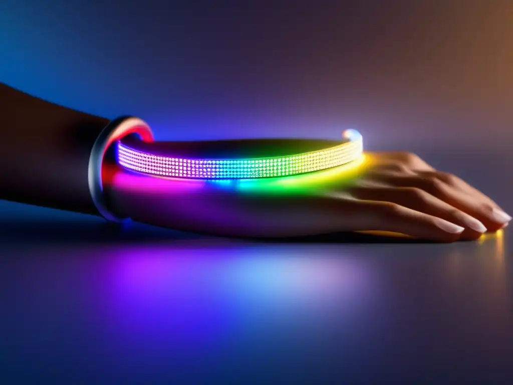 Tendencia joyería contemporánea LED: Pulsera LED minimalista en brazo de mujer, con delicada cadena y luces LED radiantes