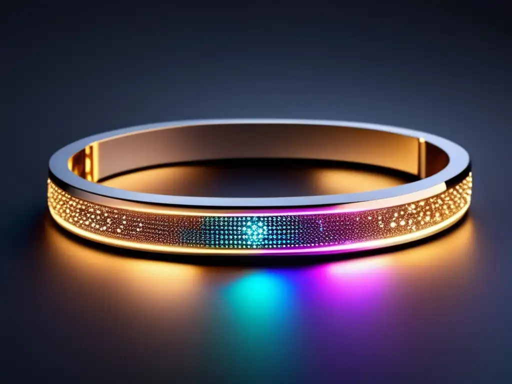 Futuro de wearables en joyería: pulsera plata con luces LED y patrones geométricos