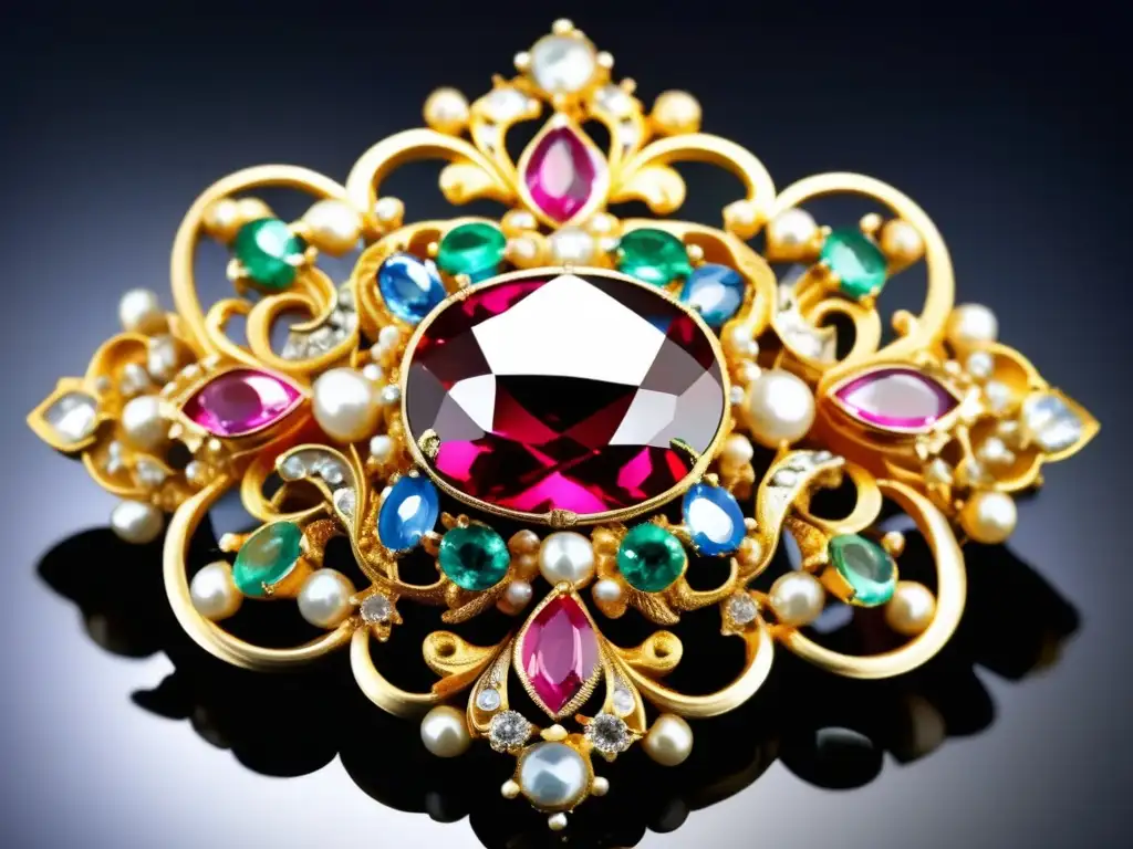 Evolución joyería Alta Costura: broche Barroco y Rococó con gemas y perlas, diseño exquisito y opulento