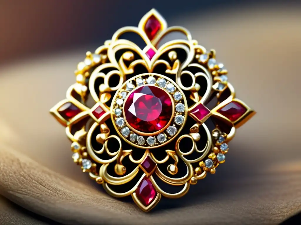 Joyería medieval y renacentista: broche de oro filigrana, patrones florales, rubí rojo y diamantes brillantes