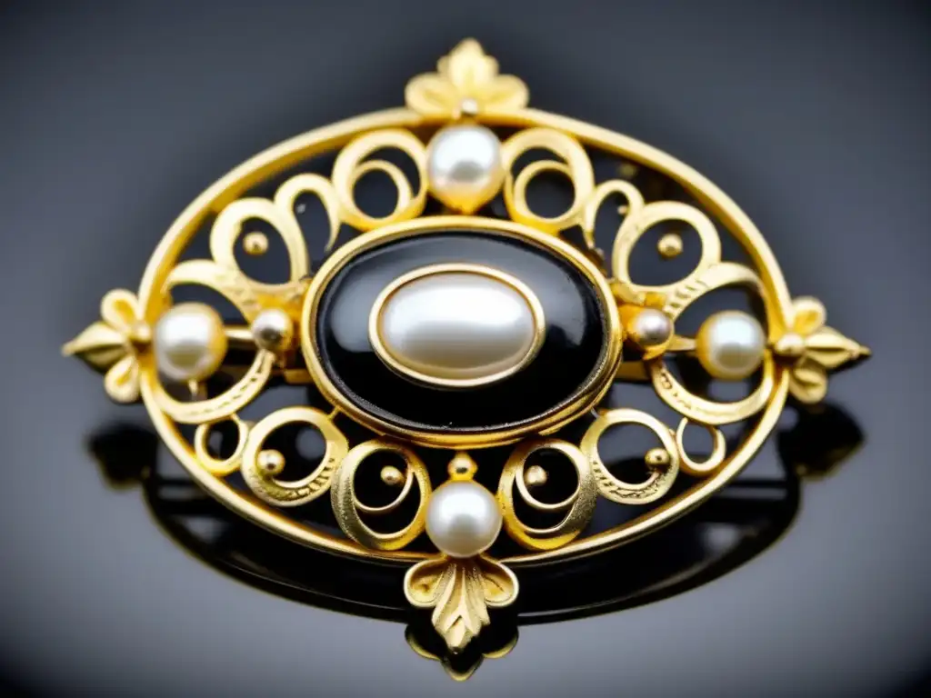 Joyas de duelo en era victoriana, broche de luto victoriano con esmalte negro, perla en forma de lágrima y filigrana de oro