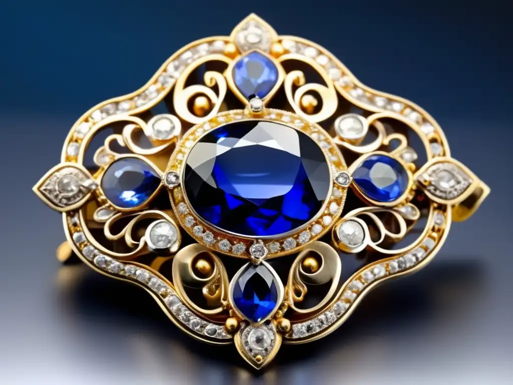 Evolución joyas victorianas: Broche plata, filigranas, zafiro azul, diamantes, estilo gótico y romántico, detalles medievales