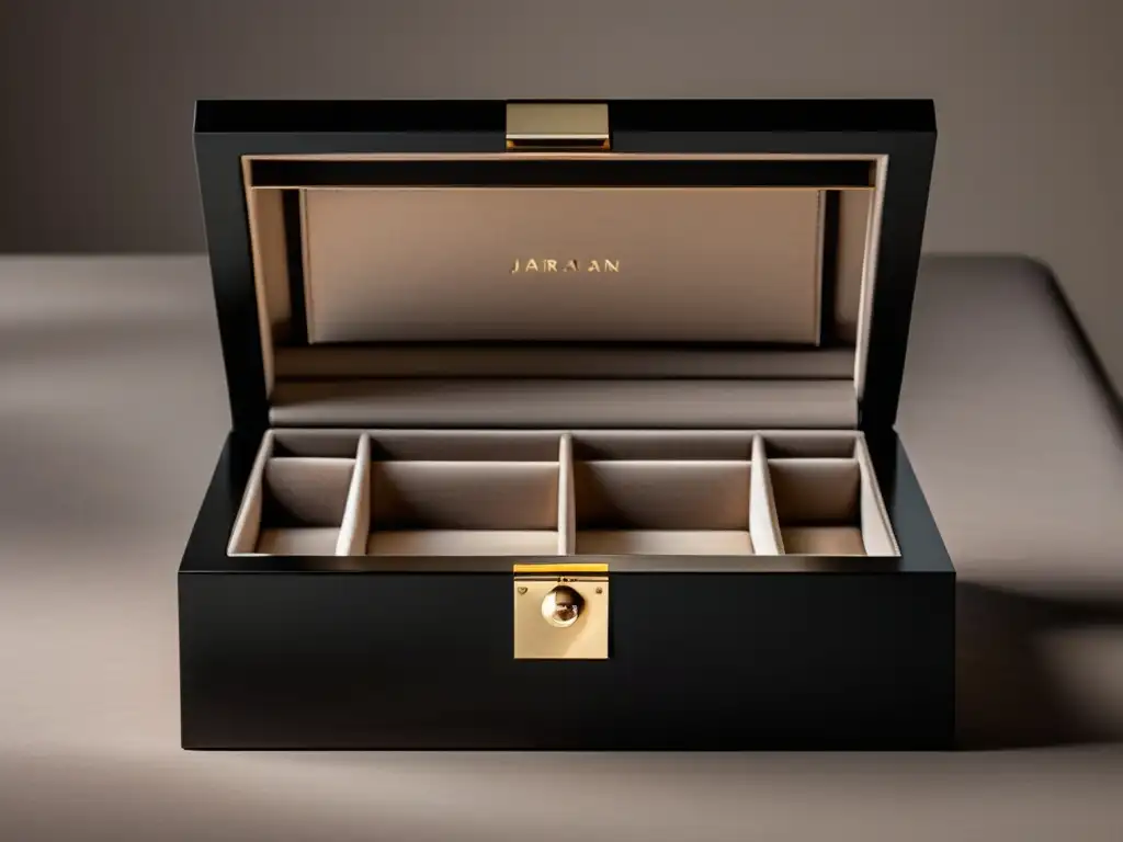 Caja de joyas minimalista de madera negra pulida, detalles elegantes y terciopelo lujoso