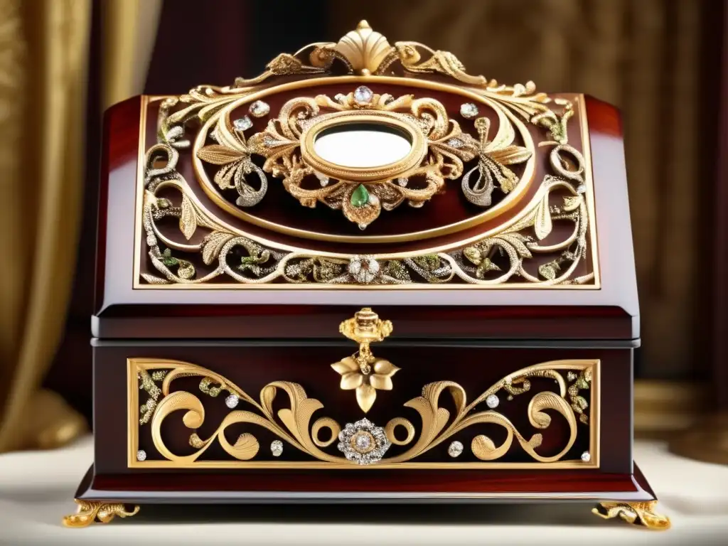 Historia joyas victorianas: caja madera adornada, joyería opulenta y elegante, artesanía exquisita y lujo sofisticado