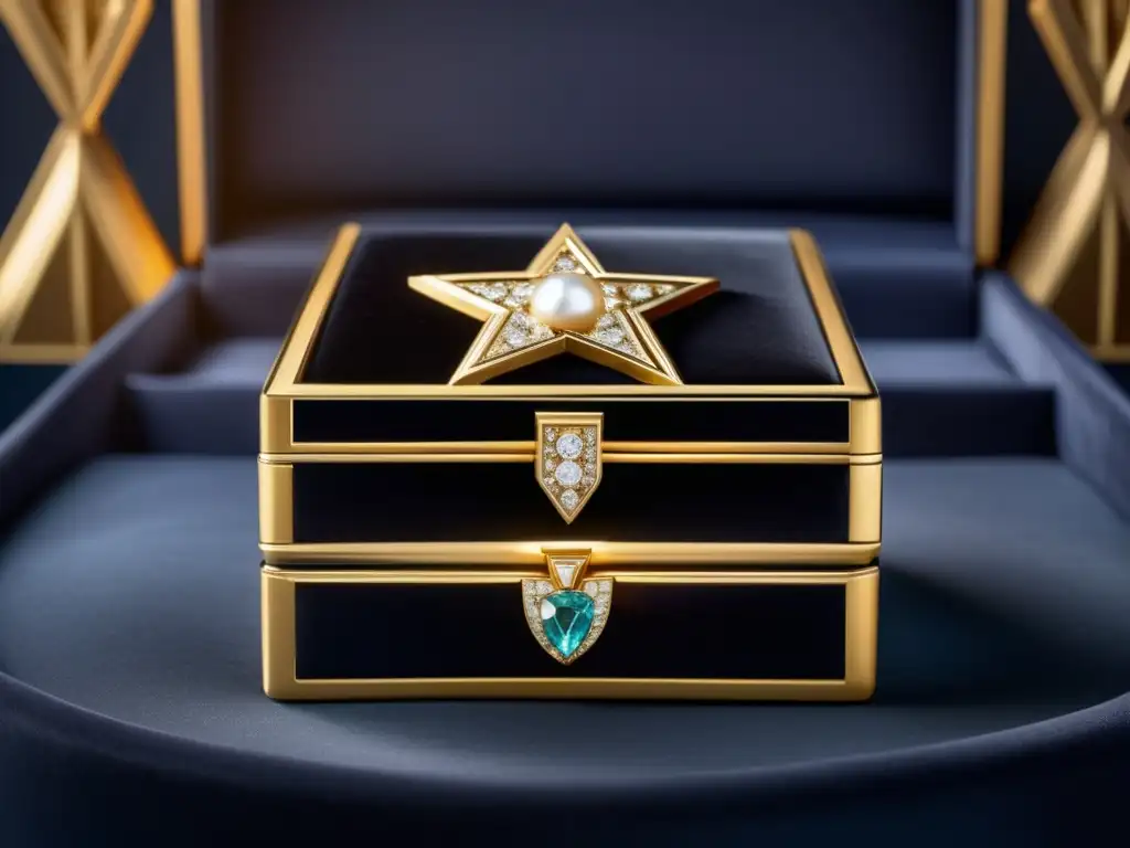 Influencia joyería Hollywood: Caja joyas negra, abierta, con emblema dorado estrella Hollywood