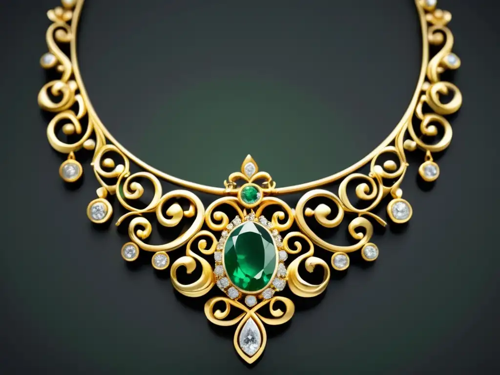 Joyería medieval en Europa: collar de oro con filigranas, esmeralda y diamantes, símbolo de riqueza y arte