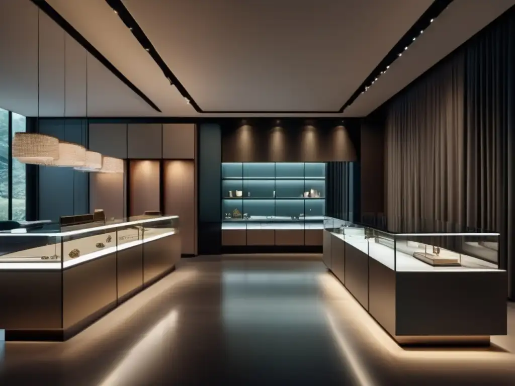 Interior moderno de joyería, integración de realidad virtual Innovaciones en joyería con realidad virtual: Interior de una tienda de joyería moderna en 8k, con iluminación suave y diseño minimalista