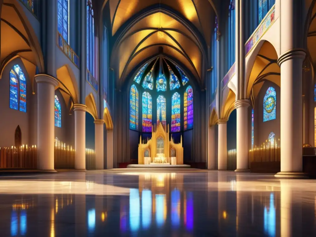 Joyería en ceremonias religiosas históricas en una catedral con detalles dorados, vitrales y altares iluminados