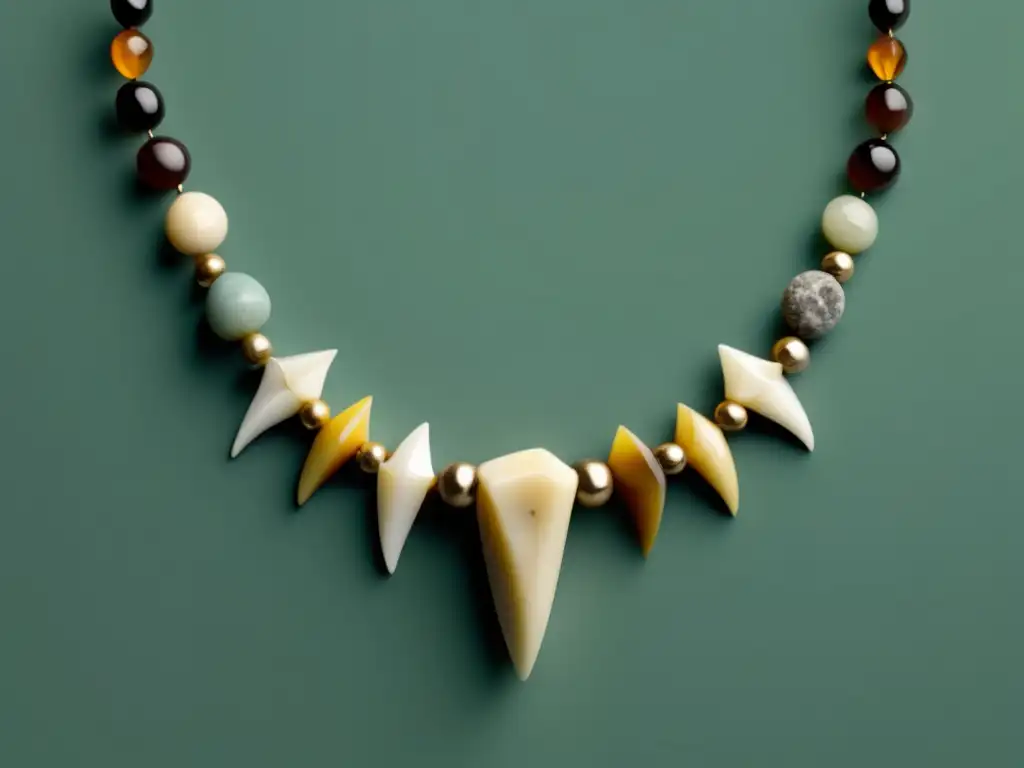 Impacto ambiental de joyería animal: imagen detallada de collar antiguo con dientes fósiles y piedras pulidas en soporte geométrico