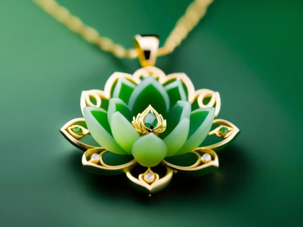 Joyería tradicional china: delicado colgante de jade esculpido en forma de flor de loto con detalles intrincados y una esmeralda en el centro