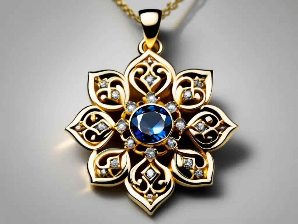 Innovaciones en joyería renacentista con piedras preciosas: delicado colgante dorado con filigrana, detalle preciso y gemas brillantes