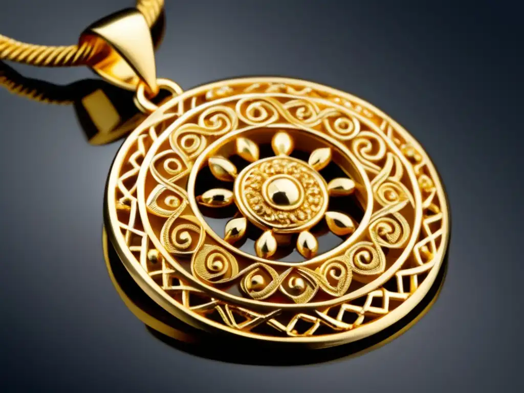 Joya de oro prehistórica: Detalles exquisitos Joyería antigua metales preciosos: detalle de un colgante de oro prehistórico con intrincados diseños simbólicos y artísticos