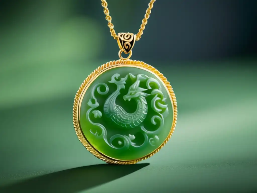 Joyería Asia: Colgante jade tallado con criatura mítica, representando poder y renacimiento, en cadena dorada elegante