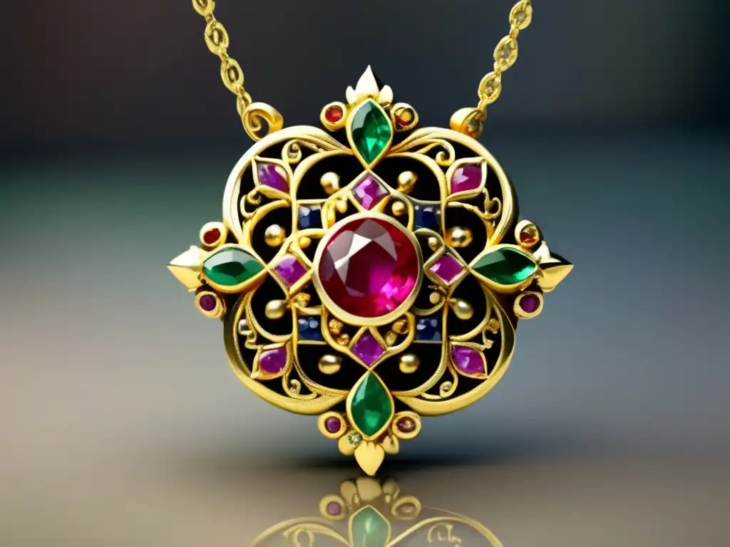 Joyería medieval: Colgante de oro con gemas vibrantes - rubí central rodeado de esmeraldas y zafiros, filigranas delicadas, artesanía exquisita