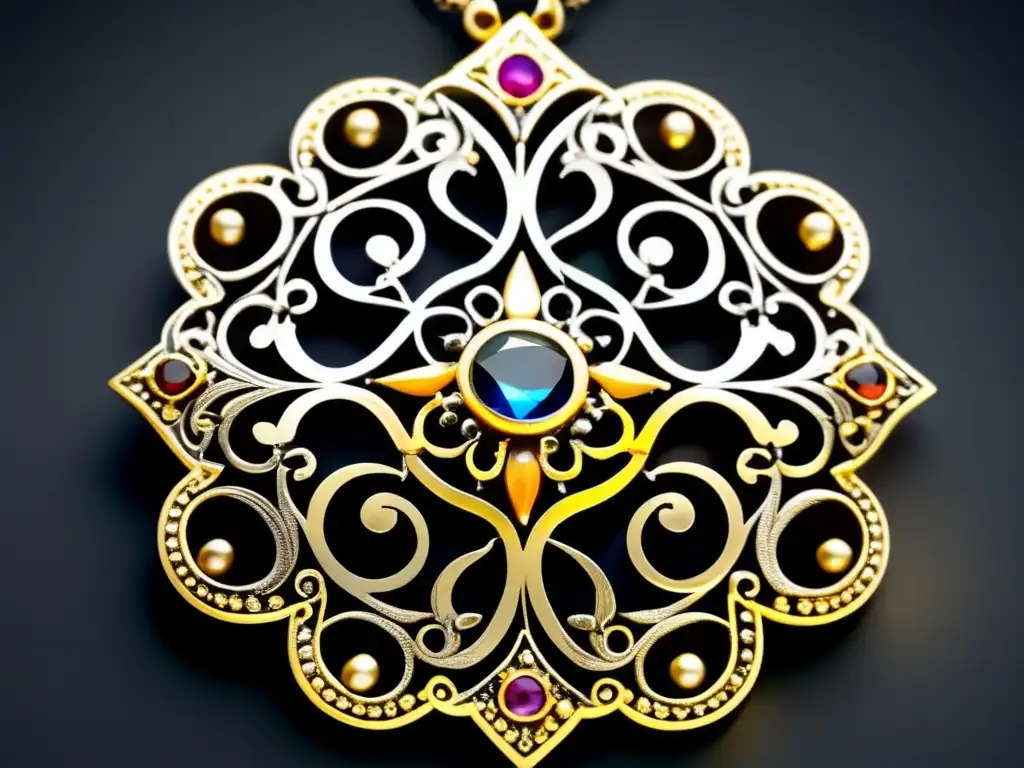 Joyería renacentista con símbolo místico y gemas vibrantes