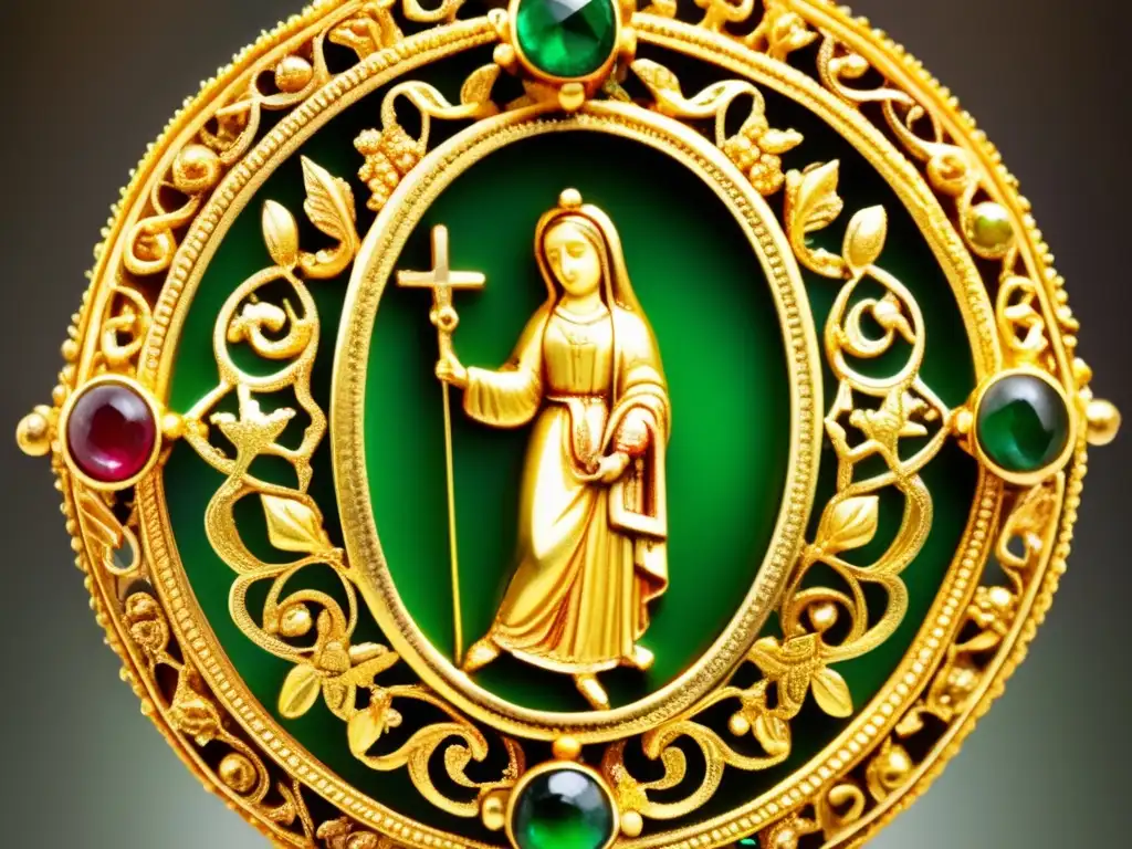 Joyas renacimiento: arte evolución adornos - Pendant religioso renacentista en oro con filigrana, emerald y grabados religiosos en delicada cadena