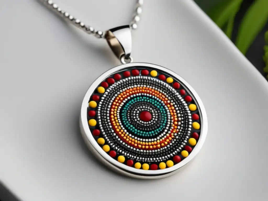 Influencia aborigen en joyería contemporánea: collar minimalista de plata con colgante de pintura de puntos inspirada en arte aborigen