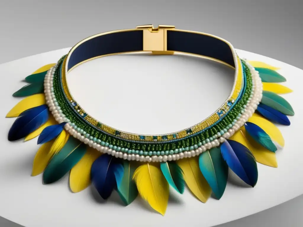 Collar amazónico con plumas verdes, azules y amarillas - Historia de las joyas amazónicas