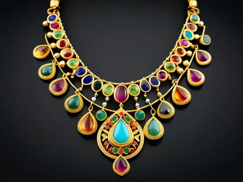 Historia y simbolismo de joyas antiguas: collar de oro con gemas coloridas, artesanía exquisita y elegancia atemporal