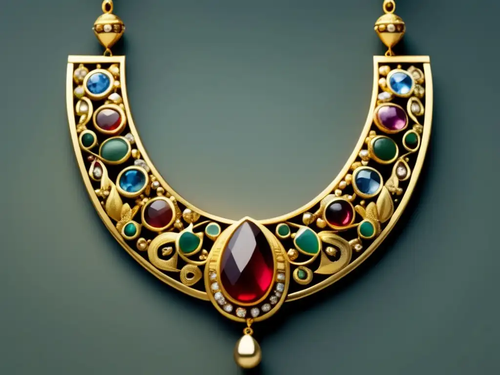 Un collar antiguo de oro y gemas preciosas, con diseño intricado y artesanía delicada