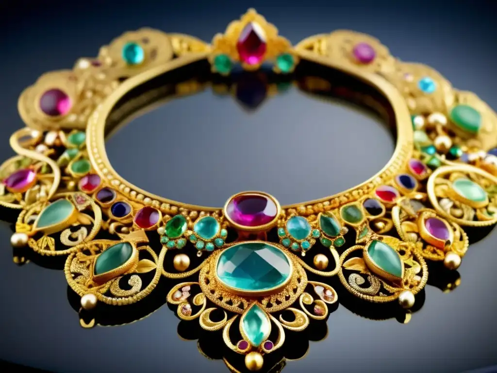Técnicas de restauración de joyas antiguas: Imagen detallada de collar antiguo restaurado, oro filigrana con gemas vibrantes