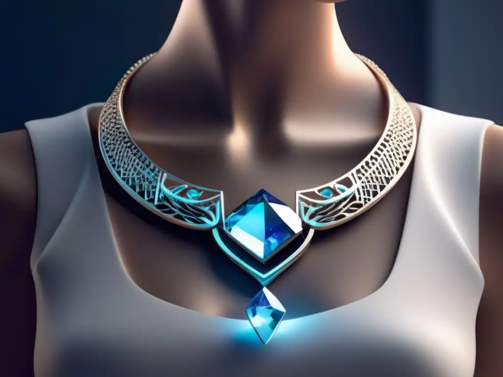 Evolución joyería realidad aumentada: collar elegante suspendido en un entorno de realidad virtual, con detalles intrincados y gemas brillantes