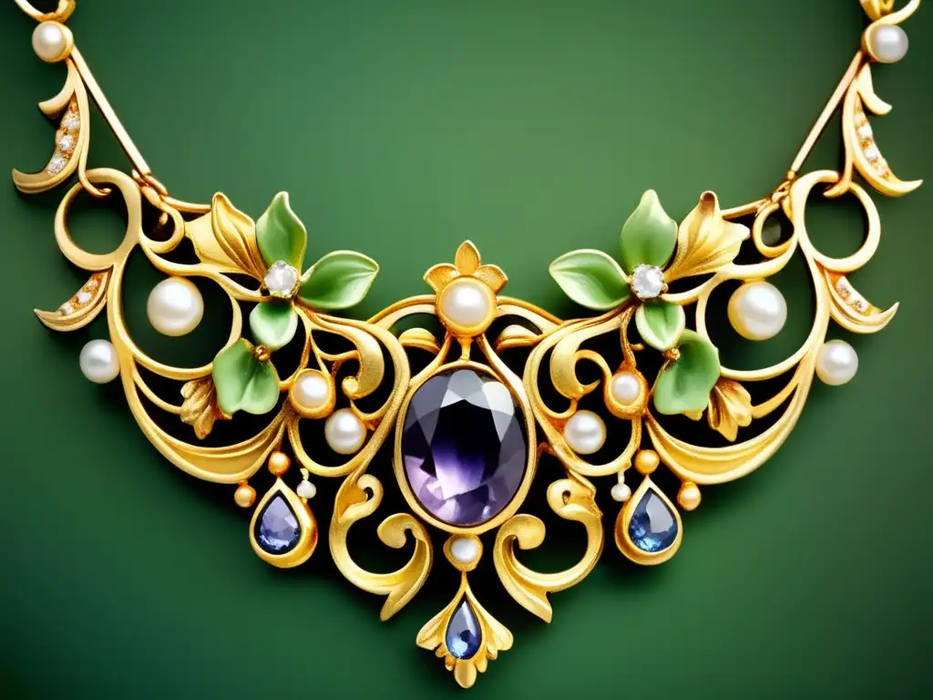 Joyería Art Nouveau: Detalle exquisito de collar, inspirado en naturaleza, con gemas y perlas, reflejando la evolución actual de la impresión 3D