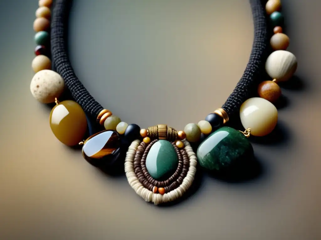 Historia joyería primitiva: Collar tejido a mano con piedras pulidas, destacando su artesanía delicada y encanto rústico