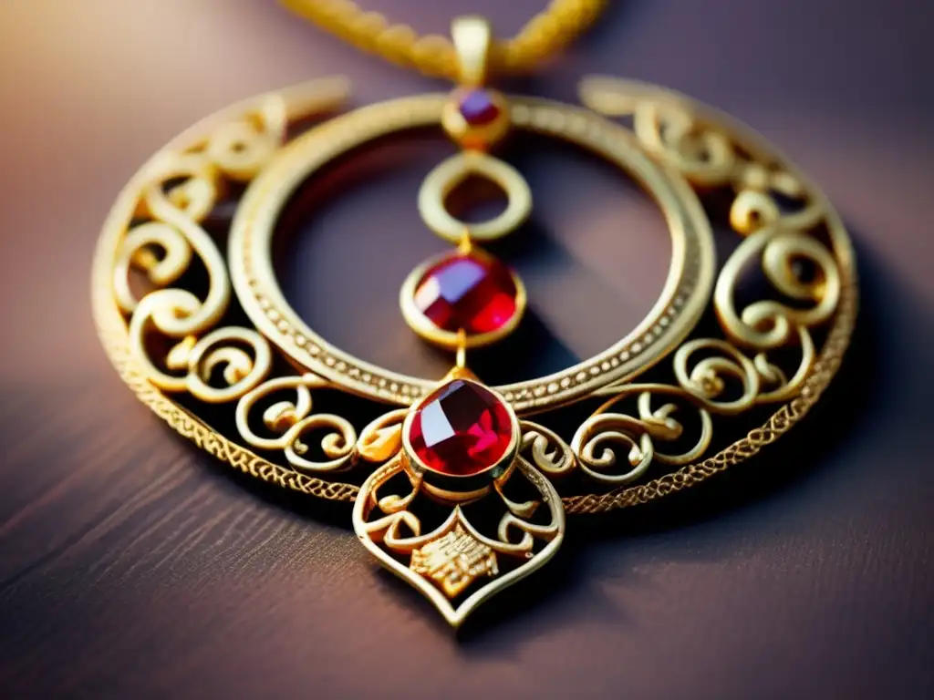 Collar asiático intrincado con gemas Historia joyería asiática: Collar asiático dorado con gemas rojas