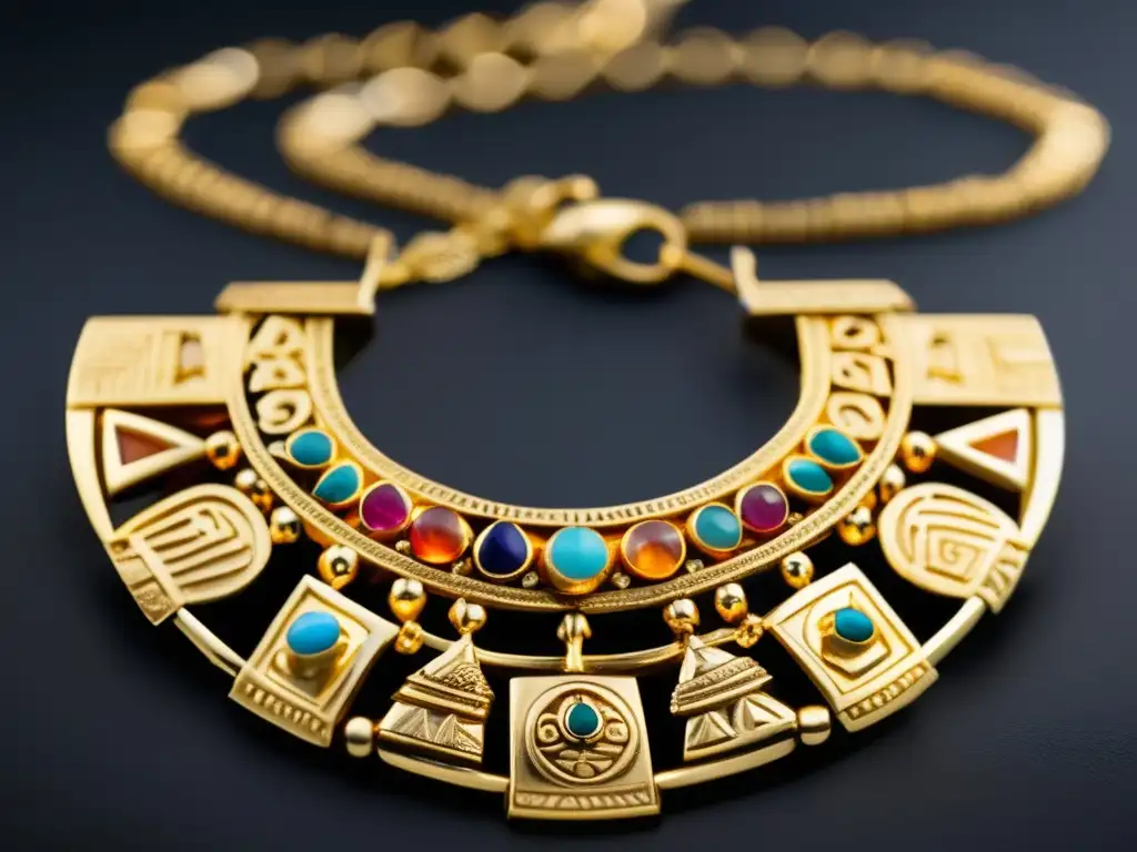 Joyería azteca y maya: collar dorado con símbolos sagrados y gemas vibrantes, reflejando la evolución y sofisticación de la joyería azteca y maya